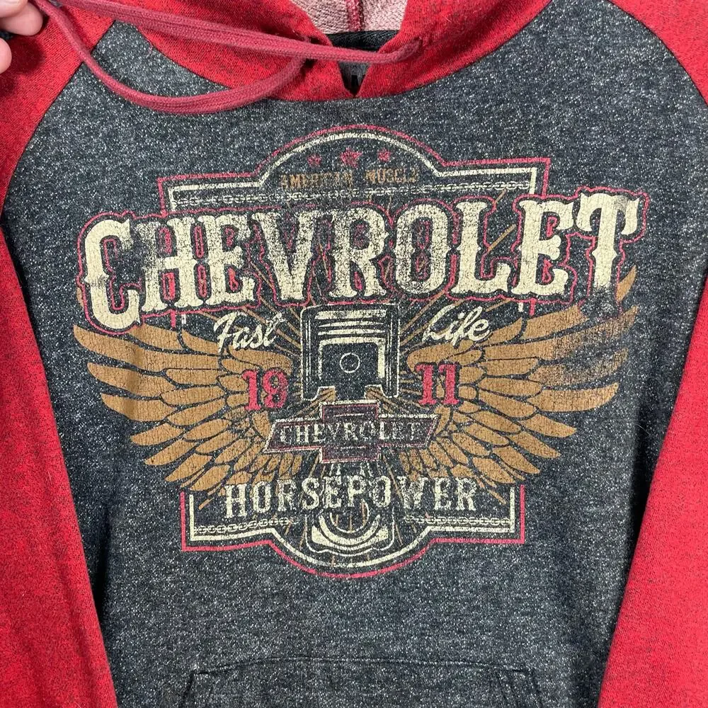 GM Chevrolet Hoodie Adult Medium 38/40 Distressed Gray/Red Drawstring Muscle Car